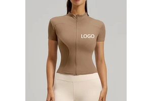 Custom Zipper Plus Size Nude Feeling High Stretch Quick Dry Fitness Short Sleeves Women Gym Yoga T Shirt