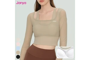 Janya Nude Feel Quick Dry Breathable Four-Way Stretch Gym Clothing Fixed Cups Cropped Sports Shirts Long Sleeve Yoga Crop Tops
