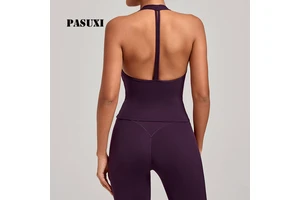PASUXI Seamless V Neck Yoga Vest Women Regular Fit Breathable Quick Dry Tank Top Sleeveless Front Logo Sports Wear