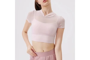 Hooded Mesh Yoga Wear Short Sleeve Crop Top with Pads Summer Breathable Running Quick-drying Sports Bra Fitness Wear Top