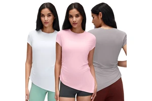 2026 Summer Women's Slim Fit Round Neck Solid Color Running Top Waist Pleated Breathable Quick Dry Yoga Short Sleeve T-Shirt