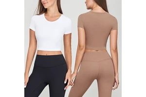 New Style Women Round Neck Crop Top Short-Sleeved High Elastic Gym Yoga T-Shirts Sportswear Plain Sports T Shirt