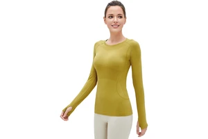 Women's Seamless Long Sleeve Yoga Top Breathable Athletic Gym Wear Sports Running Slim Fit Compression Shirt Washed Set