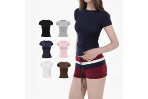 Top for Women Slim Fit Tshirt Tight T-shirt Crew Neck Fitness Sexy Solid Round Collar High Elastic Yoga Top Short Sleeves Casual