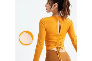 Women's Slim Fit Yoga Top With Beautiful Pleated Back Design Built-In Chest Cushion Long Sleeved Fitness Top For Running Sports