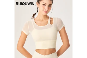 RUIQUWIN Wholesale Women's Fitness Yoga Wear Mesh Fabric Breathable Sports Short-Sleeved Asymmetrical Cutout Yoga T Shirts