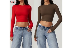 New Femme Women's Lightweight Breathable Yoga Sports T-shirt Quick-Drying Crew Neck Brown Crop Top Long Sleeves Skinny Autumn