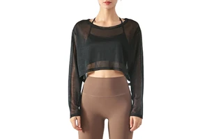 Aoyema Quick Dry Ultrathin High Quality Casual Gym Crop Top Round Neck Fitness Workout Yoga Women Long Sleeve Shirt
