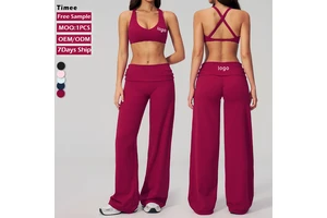 Hot Sale 2 Piece Yoga Set Women Crisscross Straps Sports Bra + Fold Over Waist Wide Leg Pants Quick Dry Workout Outfit