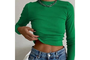 Women's Ribbed Neck T-Shirt Green Solid Slim Mesh Sexy Cropped Long Sleeve Tops for Spring Plus Size Ladies Clothes