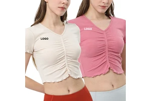 Hot Sale V-Neck Slit Fitness Pleated Design Short Sleeve Sports Top Quick Dry Breathable Outdoor Running Exercise Yoga Tops