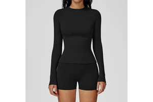Brushed Long-Sleeve Yoga Top Slim-Fit Round Neck Workout Tee for Running & Outdoor Fitness