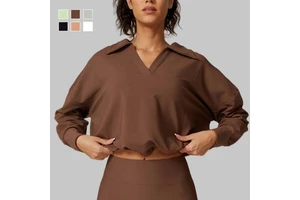New Fashion Custom Logo V-neck Thick Snail Sports Top Yoga Loose Drawstring Long Sleeve Yoga Clothes Sweatshirt