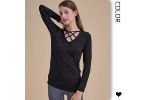 Cross-border Cross-neckline Stretch Spandex/Cotton Sweat-Wicking Yoga Suit Running Inner/Outer Wearing Slimming Long Sleeve Top
