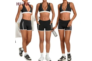 Customized Contrasting Yoga Fitness Suit Set with Double Shoulder Straps Sports Bra Quick Drying Shorts Pilates Fitness Suit