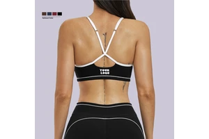 Custom Nylon Scoop Neckline Removable Padding Contrast Color Stripes Cross Back Adjustable Yoga Gym Sports Bra Women