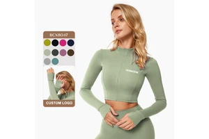 Women's Custom High Neck Zipper Half Zip Design Gym Active Yoga Jacket Sports Outdoor Top with Seamless Feature