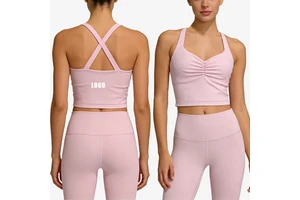 Wrinkle V-neck Sports Outfit Women Yoga tank Top Backless Cross High Elasticity Pilates Recycled Fabric Female Gym Vest Padded