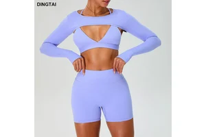 GuangZhou DingTai Plus Breathable Spandex/Nylon Workout Sports Long Sleeve Women Simple Cross Back Front Quick Dry Compression