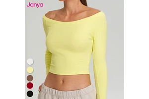 Janya Female Breathable Long Sleeve Running Sportswear Four-Way Stretch Tight Fitness Yoga Tops Skinny Ribbed Off Shoulder Shirt