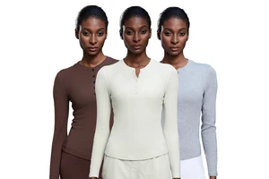D25146 Women Long Sleeve Crew Neck Nude Feeling Slim Fit Tight Quick Dry with Buttons Sports Casual Wearing Yoga Top