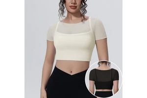 Mesh Double-Layer Breathable Mock-Two-Piece Short-Sleeve Top for Casual Sports Running Fitness and Yoga