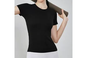 Women Skinny Fit Yoga Workout T-Shirt Short Sleeve Breathable Quick Dry Four-Way Stretch 100% Nylon Seamless Mesh Crew Front