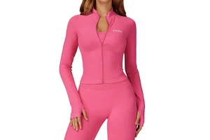 Women's Long Sleeve Yoga Jacket With Stand Collar Zip Front Spandex Nylon Seamless Fitness Top For Outdoor Gym Workouts Pink