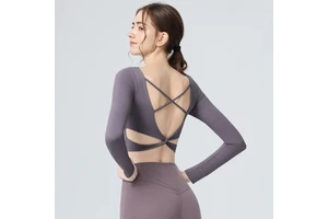 Women's Crisscross Back Padded Long Sleeve Yoga Top Open Back Workout Crop Top for Pilate Stretchy Quick Dry Workout Long Sleeve
