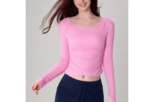 Women's Lightweight Modal Rib Yoga Sports Top Pleated Tight Crewneck Pullover Long-Sleeved T-Shirt Fitness Wear Plus Size Front