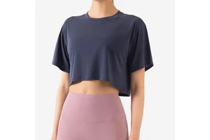 Cross-border Modal Yoga Short-sleeve Womens Loose-fitting Midriff-baring Solid Crop Top Breathable Workout All-matching Top