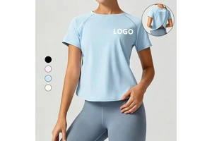 CustomLogo Naked Feeling Women Yoga T-Shirt Open Back Overlap Workout Top Buttery Soft Gym Activewear Short Sleeve Fitness Shirt