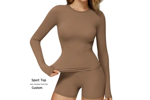 Low MOQ Women Sports Wear Compression Shirt Long Sleeve Crew Neck Skinny Yoga Top Soft Quick Dry High Quality Fitness Tee