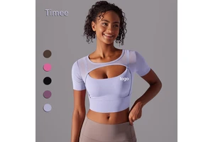 Solid Color Patchwork Mesh Sexy Double Short Sleeve Push-up Bra Running Fitness Yoga Wear Top for Women