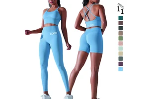 OEM Quick Dry Breathable Gym Suits for Women Seamless 2-Piece Sports Bra Scrunch Pants Shockproof Yoga Sets for Female