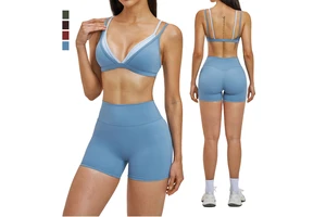 Women Activewear Color Contrast Double Layers Yoga Bra Stretch Butt Lifting Gym Shorts Breathable Women Fitness Suit Workout Set