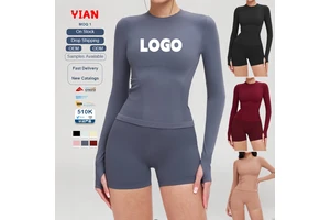 New Fashion Seamless Round Neck Long Sleeves Top Solid Color High Waist Push Hip Yoga Set Breathable Quick Dry Sports Clothing