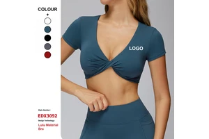 Custom High-Quality Nude Feel Clothing Gathered V-Neck Yoga Short-Sleeves Women'S Gym Running Fitness Tight Sports T-Shirts