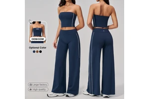 MIQI Custom High Waisted Wide Leg Yoga Pants Set Side Stripe Strapless Tube Crop Top 2 Piece Athletic Activewear Loungewear