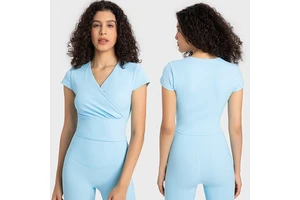New Fashion Cross V Neck Short Sleeve Crop Top Built in Bra Sports Gym Outdoor Active Wear Sports Yoga T Shirt for Women