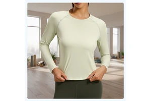 Wholesale Women's Custom Quick Dry Yoga Crop Tops Loose Leisure Solid Color Long Sleeve Active Sports Sweatshirt Scoop Neck