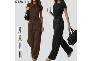 New Arrival Women Crew Neck Casual Top High Waist Straight Leg Pants Yoga Fitness 2 Piece High Stretch Outdoor Sportswear