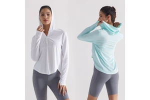 OEM Women Sun Protection Workout Hoodie Quick Dry Yoga Top Four Way Stretch Activewear Fabric Sportswear Fitnesswear