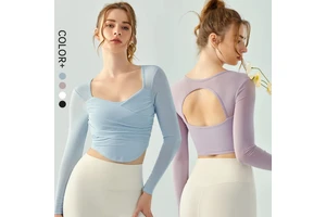 SHINBENE Cross Fold Yoga Long Sleeve Top Women's Slim Fit Hollow Mesh Sports Gym Shirts Padded Fitness Top