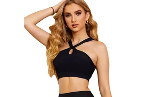 Wholesale New Summer Style Ribbed Fabric Cropped Sports Bra Cross Over Band Fitness Sexy Gym Women Yoga Top