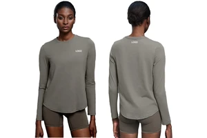 D25148 Women Casual Breathable Long Sleeve Workout Shirts Lightweight Crew Neck Athletic Yoga Anti-Bacterial Top