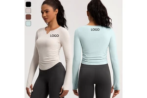 XW-CX74 V Neck Gym Long Sleeve Wholesale Sportswear Pleated Side Fitness Corset Yoga Tennis Workout Crop Tops for Women