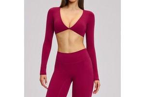 Women Long Sleeve V-Neck Crop Top Yoga T-Shirts Outdoor Fitness Running Sports Wear ECX 4201