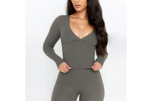Hot Sales Double Layer Built in Support Removable Pads V Neck Long Sleeve 4-Way Stretch Fitness Gym Yoga Crop Tops for Women