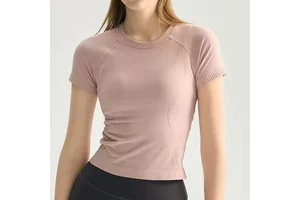 Women Slim Fit Yoga Workout T-Shirt Short Sleeve Breathable Quick Dry Four-Way Stretch 100% Nylon Running Fitness Top Custom